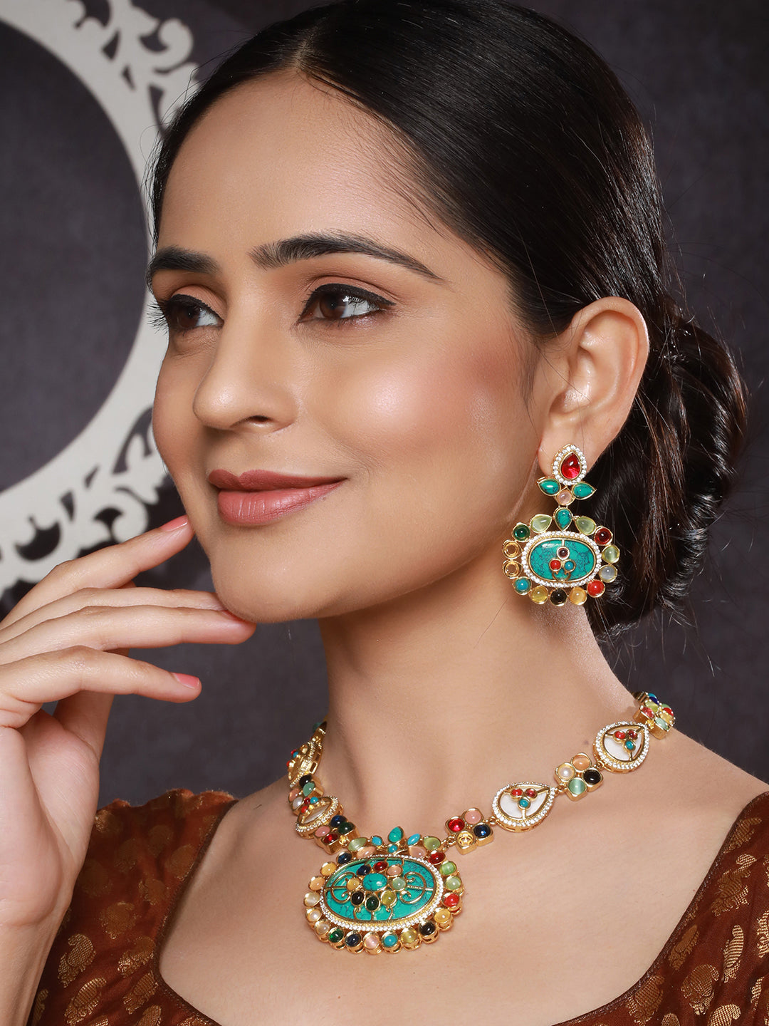 Gold plated Multicoloured Stones Studded Floral Double Layered Necklace Jewellery  Set